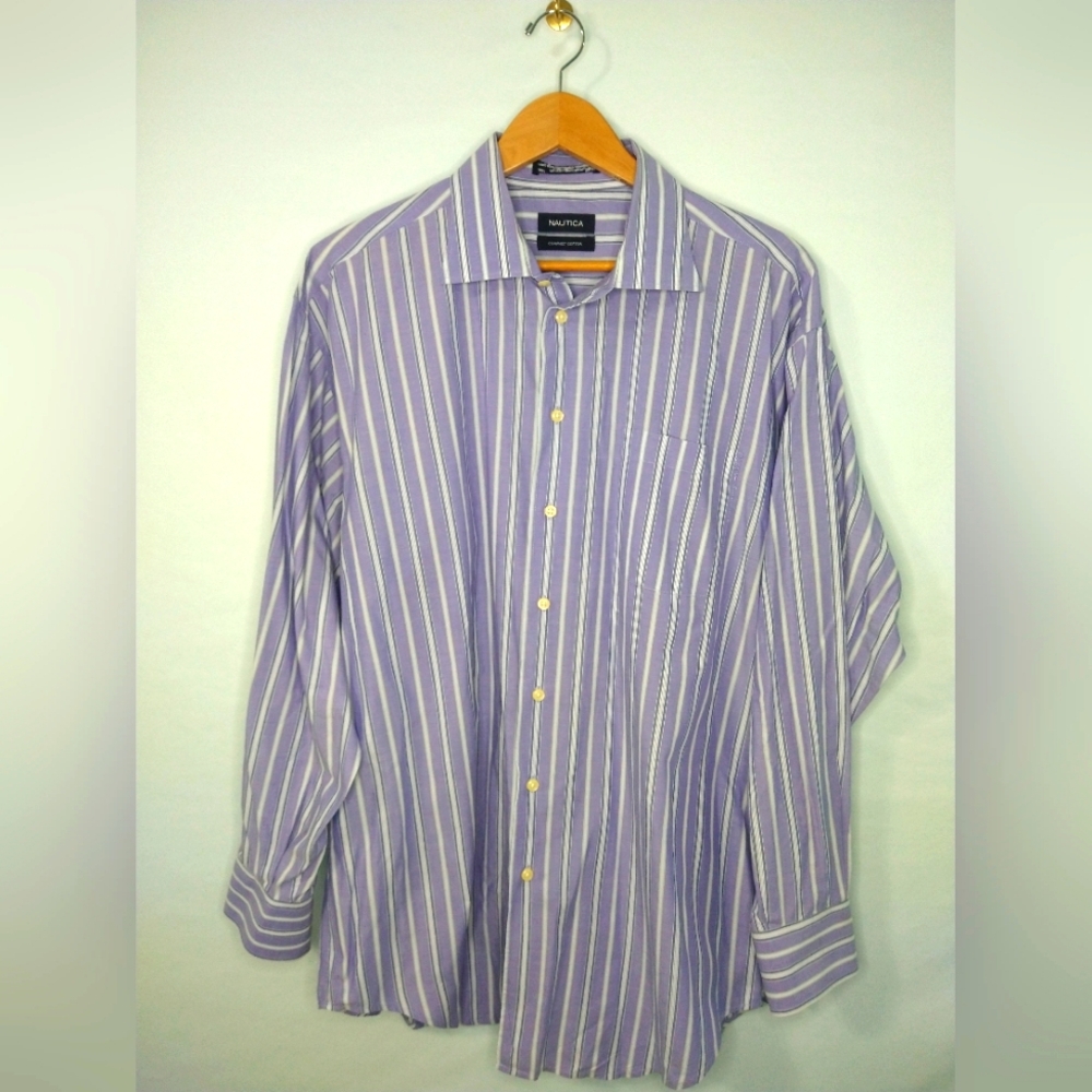 Nautica Purple Striped Compact Cotton Button Down Shirt